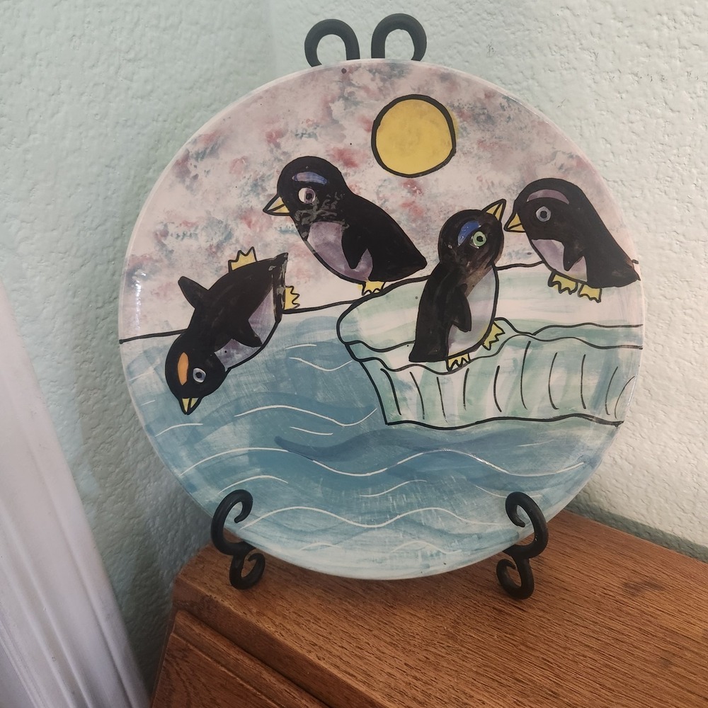 Vtg Carmel‎ By The Sea Karen Gelff Studio Crafted Hand Painted Penguins Plate 93